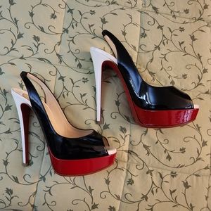 Christian Louboutin Eur 39.5 Black Red White Lady Peep Slingback heels Authentic